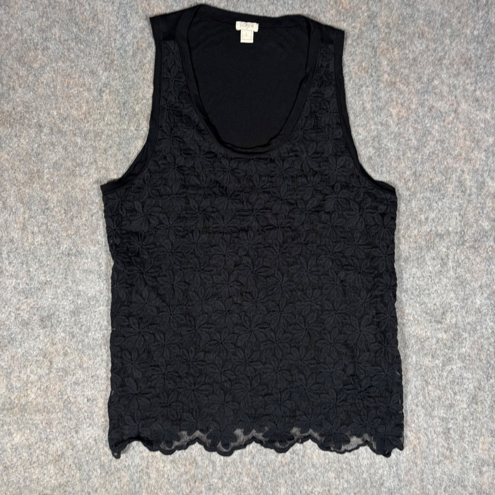 J.Crew Lace‎ Front Tank Top Womens Large Black Sleeveless Scalloped Floral Scoop